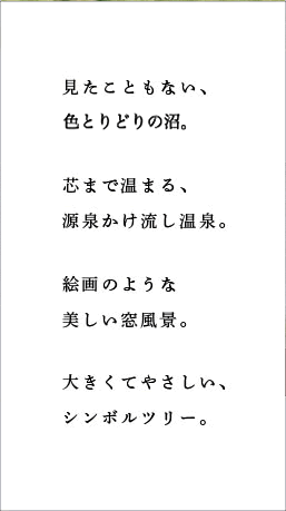 見たこともない、色とりどりの沼。 芯まで温まる、源泉かけ流し温泉。 絵画のような美しい窓風景。 大きくてやさしい、シンボルツリー。
